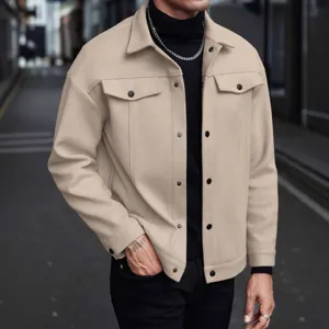 Men's casual wool blend jacket autumn winter lapel single-breasted outerwear streetwear