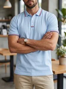 Men's casual light blue short sleeve polo shirt featuring striped collar and cuffs