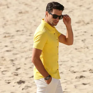 Men's yellow linen short-sleeve casual shirt outdoor beach lifestyle detail display