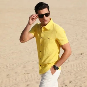Men's yellow linen short sleeve shirt, casual beach top for summer holiday wear and outdoor daily style.