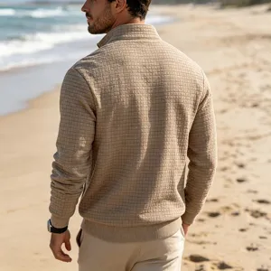 Men's casual waffle knit stand collar pullover sweatshirt in classic khaki, outdoor detail shot.