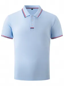 Light blue short-sleeve polo shirt detail showing striped collar trim and buttons.