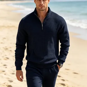 Mens autumn winter quarter zip sweatshirt casual jacquard grid pullover top apparel