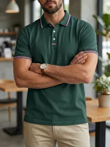 Close-up of dark green men's polo shirt with striped collar trim and front button placket.