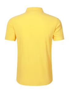 Men solid yellow short sleeve linen shirt back detail, casual breathable lapel top design.