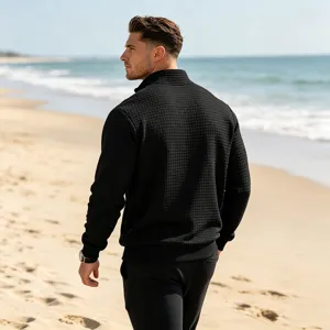 Men black waffle knit mock neck sweatshirt casual long sleeve pullover top autumn winter
