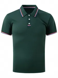 Men's classic short sleeve polo shirt in dark green with stylish striped collar trim.