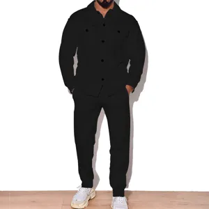 Homme automne decontracte veste en daim et pantalon ensemble deux pieces uni manches longues