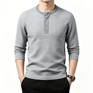 Mens long sleeve waffle henley shirt casual retro grid top grey pullover apparel new