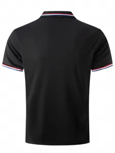 Polo homme noir décontracté à manches courtes avec bordure de col rouge blanc et bleu.