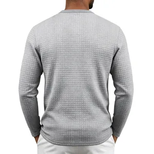 Detail view of the men's grey waffle grid long sleeve casual t-shirt showing back texture.