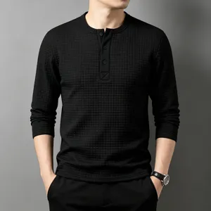 Men's black long sleeve waffle knit Henley shirt casual vintage pullover top for autumn