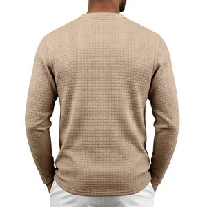 Men's vintage waffle knit grid pattern long sleeve casual t-shirt back view detail