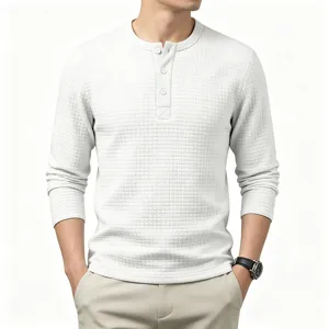 Men's retro jacquard waffle long sleeve Henley t-shirt casual outdoor top white detail