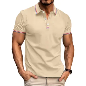 Polo Homme Casual Manches Courtes Été Revers Bouton Rayé Slim Fit Haut T-Shirt