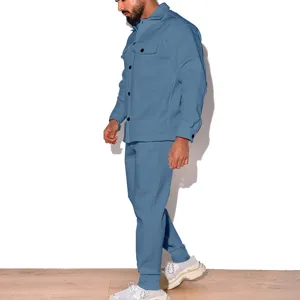Hommes automne veste boutons faux daim et pantalon de survetement ensemble 2 pieces mode