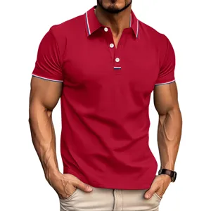 Polo rouge pour homme manches courtes col rayé contrasté haut slim décontracté