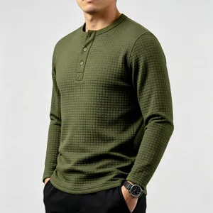green waffle knit long sleeve henley t-shirt with front button placket detail