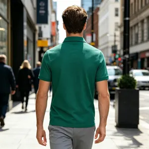 Vue de détail mode de vie urbain montrant un polo vert respirant à manches courtes.