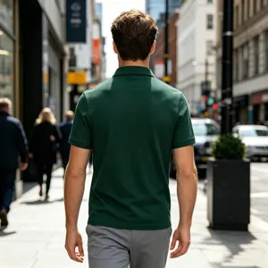 Vue arrière détaillée d'un polo vert respirant pour homme style estival décontracté.