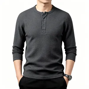 Men's retro jacquard waffle long sleeve Henley shirt casual slim fit outdoor top grey