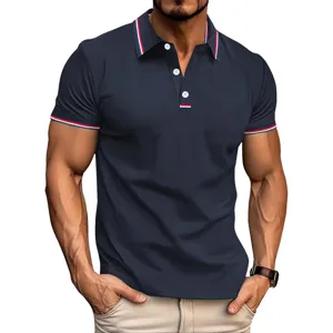 Polo homme manches courtes decontracte bleu marine col rabattu bandes contraste haut ete