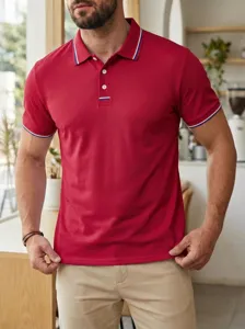 Men's casual polo shirt, short sleeve solid red top with contrast tipping collar and button placket.