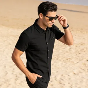 Men's black linen short sleeve shirt beach detail view, casual summer top comfortable breathable.