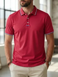 Men's casual short sleeve polo shirt in red with contrast collar and cuff stripes detail.