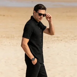 Men's black short sleeve linen shirt detail view, ideal for summer beach casual wear.
