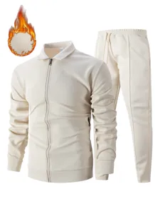 Mens beige waffle knit zip up cardigan jacket and sweatpants thermal fleece track suit.