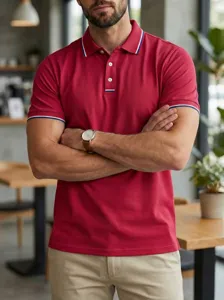 Men casual short sleeve polo shirt with classic red white blue striped collar.
