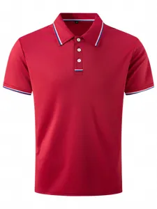 Men casual short sleeve polo shirt collar stripe detail three button placket top