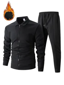 Men's thermal waffle knit tracksuit zip cardigan jacket and long pants set winter black casual