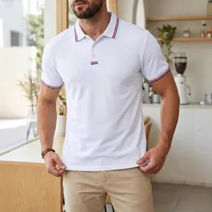 Men's casual short sleeve polo shirt with contrast tipping collar and button placket.