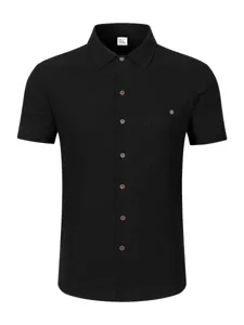 Men black solid color linen short sleeve button down shirt casual lapel top breathable