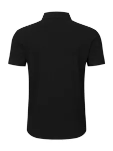 Detailed back view of solid black short sleeve casual polo shirt showing clean design and fit.
