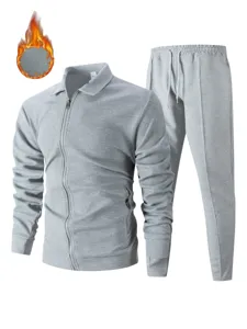 Mens thermal waffle knit tracksuit zip up cardigan jacket and long trousers set grey
