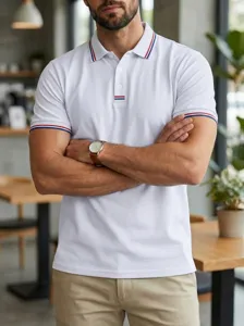 Men's casual white polo shirt featuring stylish red and blue tipped collar and sleeve cuffs detail.