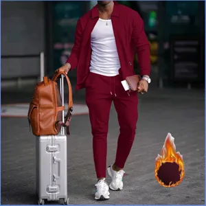 Men waffle knit full zip cardigan and matching trousers tracksuit set, thick winter outfit.