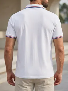 Men's casual white polo shirt with tricolor striped collar and cuffs for daily wear.
