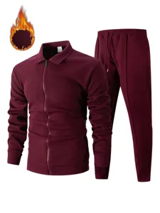 Men's Thickened Waffle Knit Zip Cardigan Jacket And Sweatpants Set Burgundy