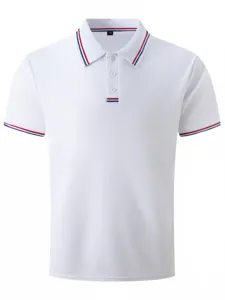 Men short sleeve casual polo shirt white classic collar striped trim business daily wear