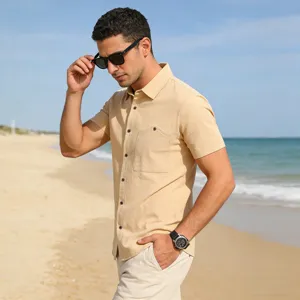 Men's casual short sleeve linen beach shirt in khaki, perfect for summer vacation and daily wear.