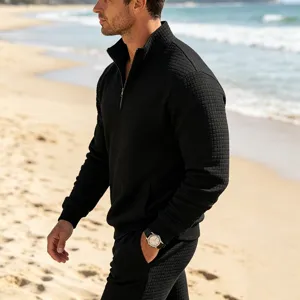 Men's Black Quarter-Zip Jacquard Sweatshirt Casual Stand Collar Pullover Autumn Winter Beach Wear