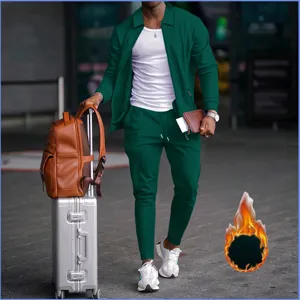 Men's thickened waffle knit cardigan jacket and pants set with lapel and pockets for autumn and winter.