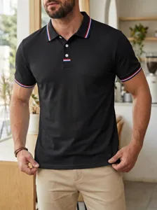Men's short sleeve polo shirt featuring classic lapel, tricolor trim collar, and button placket.