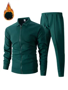 Men waffle fleece tracksuit set zip lapel cardigan and pants winter warm thick apparel