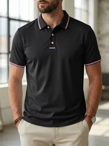 Men's casual short sleeve polo shirt with contrast tipping collar, slim fit business style detail view.