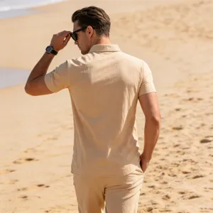 Men's casual linen short sleeve shirt and trousers set summer beach outfit beige apparel